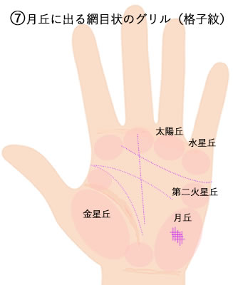 ⑦月丘にでる網目状のグリル（格子紋）の意味です。